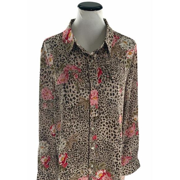 Nanette Lepore Button Up Shirt Blouse XL Floral Cheetah Animal Print Multicolor - Picture 3 of 7
